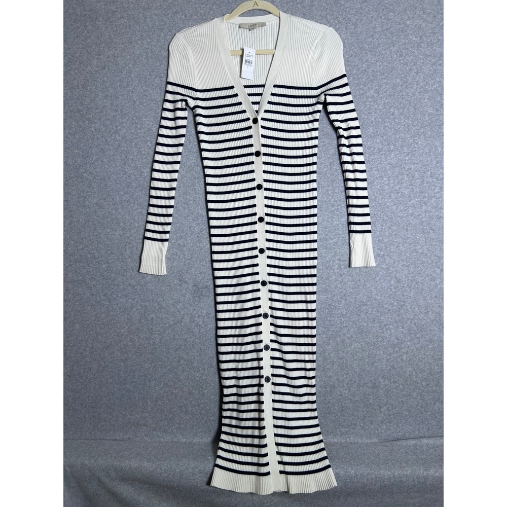 New LOFT Ribbed Knit Midi Dress Womens S Ivory Navy Striped Button Front Coastal - Picture 2 of 6